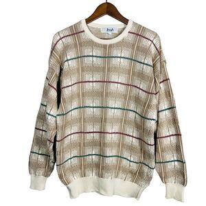 Vintage 80s Pringle of Scotland Crewneck Dad Sweater Checker Stripe - M